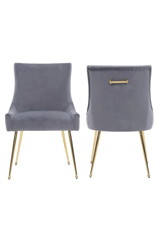 Life Interiors Life Interiors Set of 2 Viviana Velvet Dining Chairs with Gold Legs and Ring Handle in Grey Grey One Size Unisex 5056660012056
