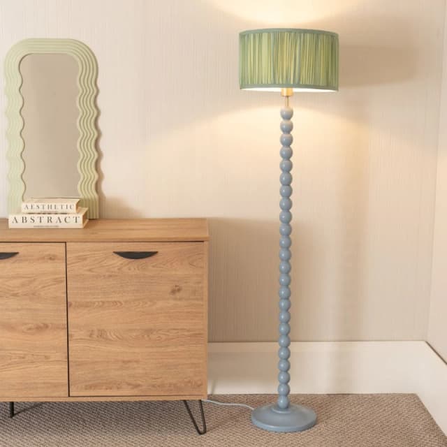 ValueLights Bobbins Powder Blue Floor Lamp with Ruched Pleated Drum Lamp Shade Pale Green