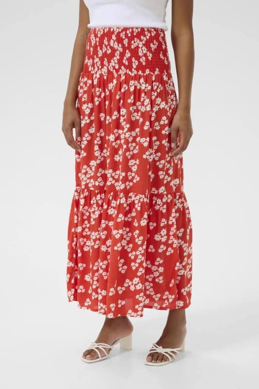 Kaffe Womens Maxi Smock Waist A-Line Fit Skirt in Scarlet Size: Medium/Large Scarlet Female M/L