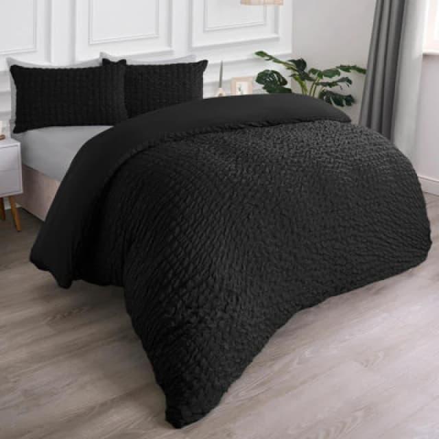 OHS OHS Luxury Seersucker Duvet Cover Set Geo Pillowcase Quilt in Black Size: Double Black Double Unisex 5027434204854