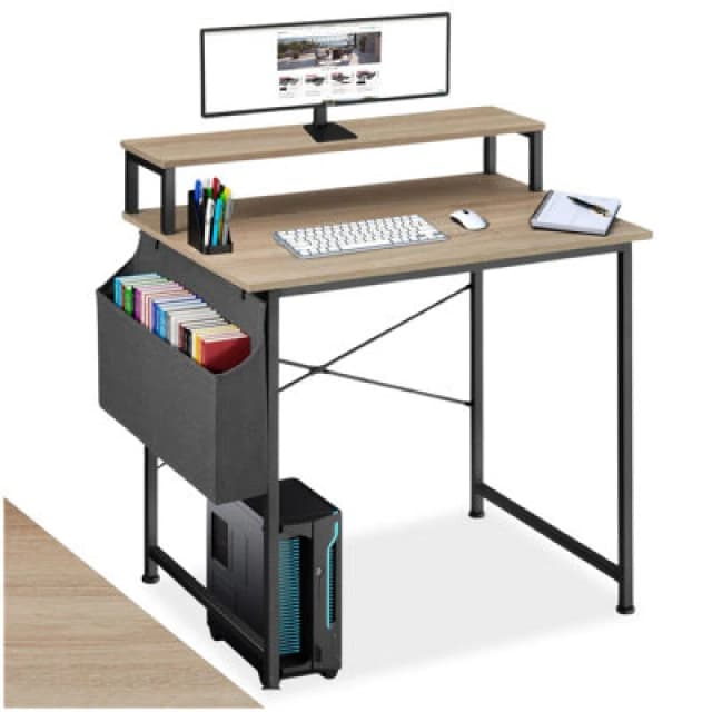 Tectake Desk - With Shelving And Fabric Storage Bag 80 Cm - Industrial Wood Light, Oak Sonoma
