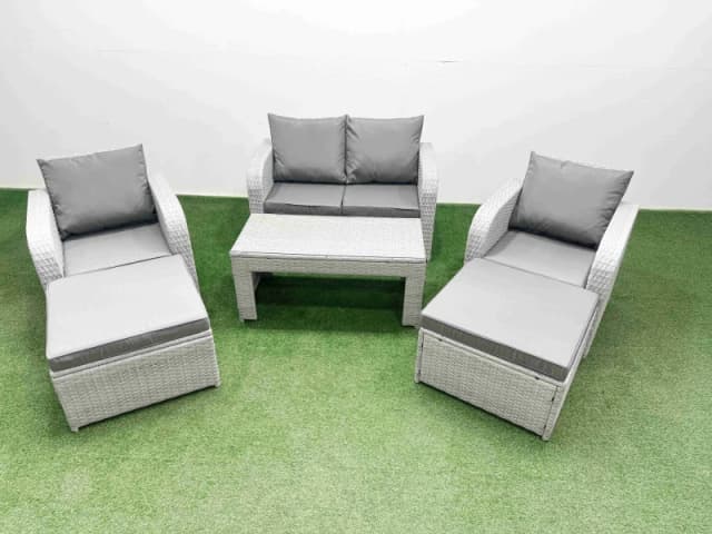 Fimous Light Grey PE Wicker Rattan Garden Furniture Set Sofa Set Reclining Adjustable Chair Oblong Coffee Table 6 Seater 2 Big Stools Light Grey