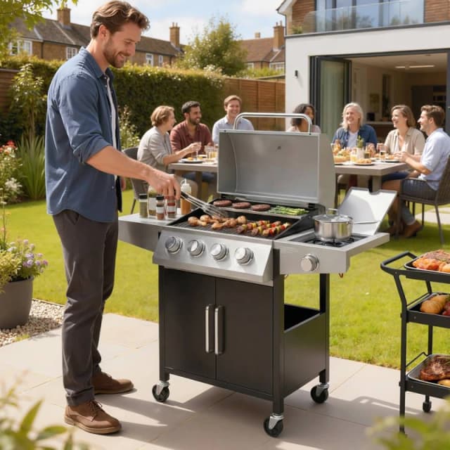 OUTSUNNY 4+1 Burner Gas BBQ Grill with Side Burner, 50000 BTU Gas Grill in Silver Silver Unisex