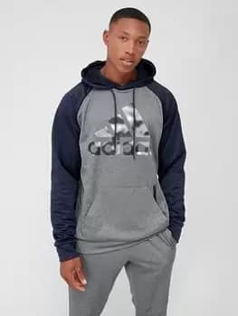 adidas Train Game & Go Badge Of Sport Overhead Hoodie - Grey/Navy, Size L, Men