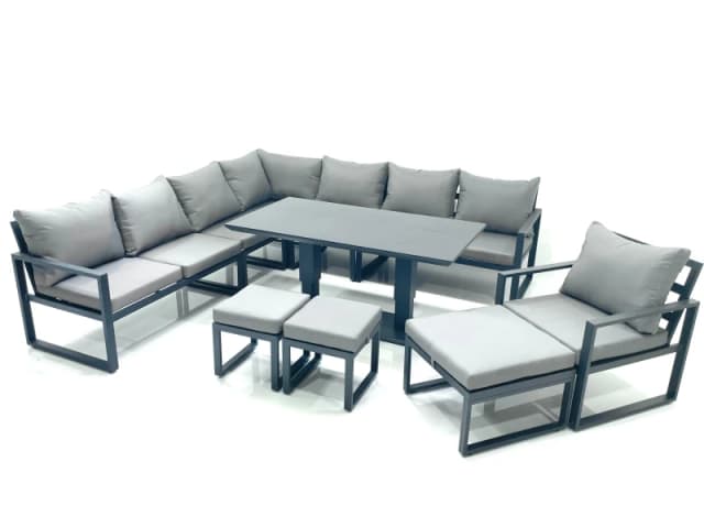 Fimous 11 Seater Outdoor Aluminum Garden Furniture Set Corner Sofa Chair 3 Footstools Adjustable Rising Lifting Dining Table Sets Dark Grey Dark Grey
