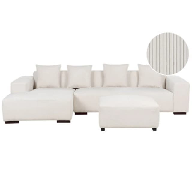 Beliani Corner Sofa 4 Seater Lungo Corduroy Off-White With Ottoman Right Hand