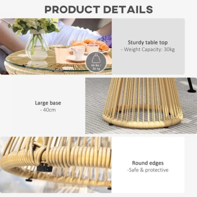 Outsunny PE Rattan End Table, Round Side Table, Tempered Glass Top Coffee Table, Natural Natural