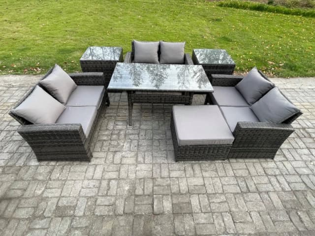Fimous Wicker PE Rattan Garden Furniture Sets Outdoor Lounge Sofa Set with Oblong Dining Table Double Seat Sofa 2 Side Tables in Dark Grey Dark Grey U