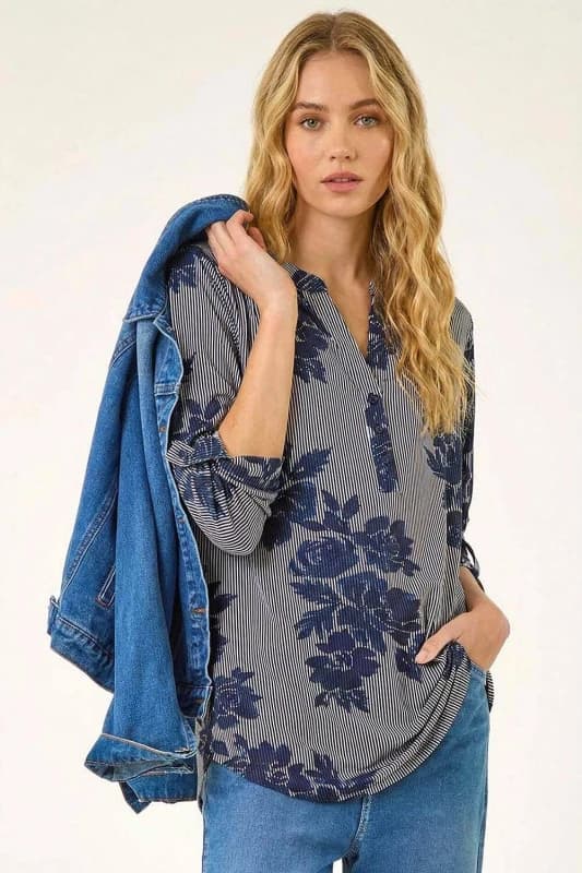 Roman Womens Stripe Floral Print Stretch Shirt in Navy Size: 16 Navy Female 16