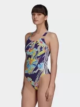 adidas Positivisea 3-stripes Swimsuit, Black/White, Size 28, Women