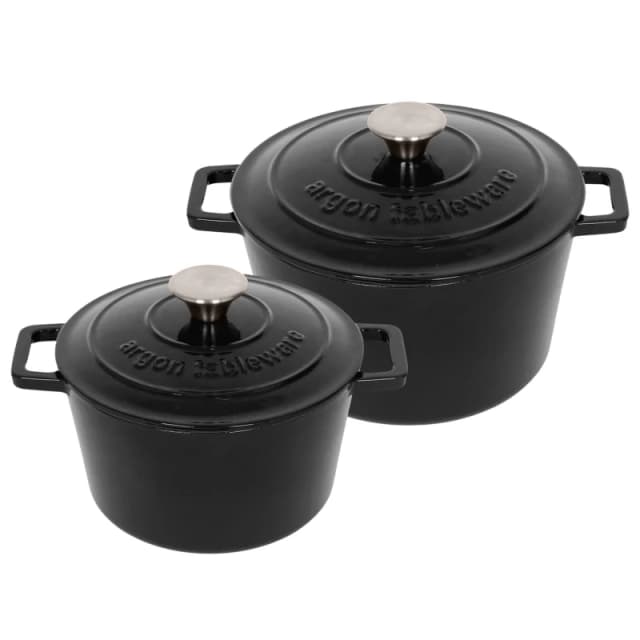 Argon Tableware 2pc Round Cast Iron Casserole Dish Set - 2.8L / 4.5L Cookware with Lid in Black Unisex