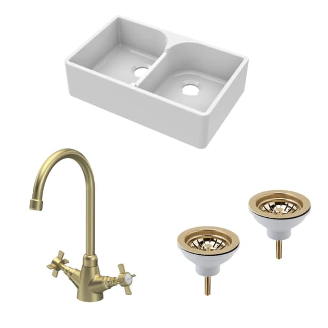 Balterley Fireclay 2 Bowl Stepped Weir Butler Sink Wastes Tap 795mm Bronze