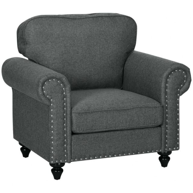 HOMCOM Mid-Century Armchair Upholstered Accent Chair w/ Wood Frame - Brown - Charcoal grey TJ Hughes 5056725551148