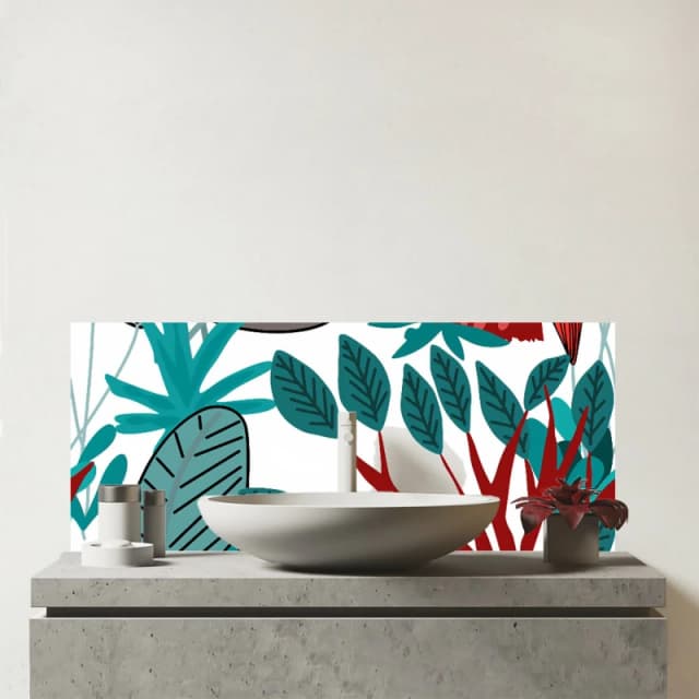 Warren Reed - Designer Jungle Exotic Summer Tropical Leaves Glass Bathroom Splashback in Green Green Unisex