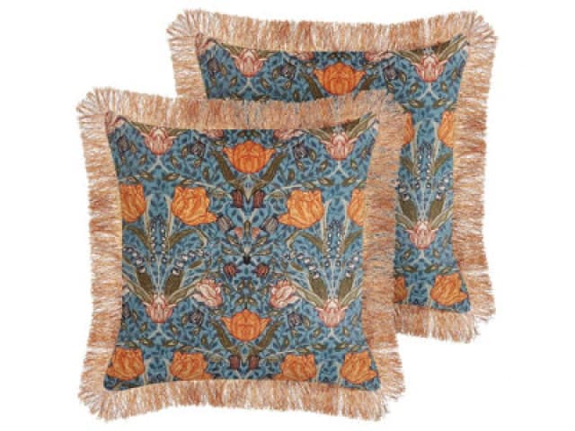 Beliani Set Of 2 Decorative Cushions Mitella Velvet 45 X 45cm Blue Floral Pattern