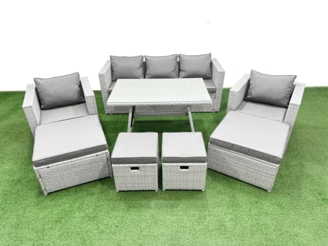 Fimous 8 Pieces Outdoor PE Rattan Sofa Armchair Set with 4 Stools Light Grey Light Grey Unisex
