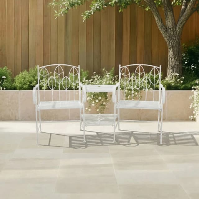 Charles Bentley Antique White Leaf Design Rustic Metal Garden Companion Seat