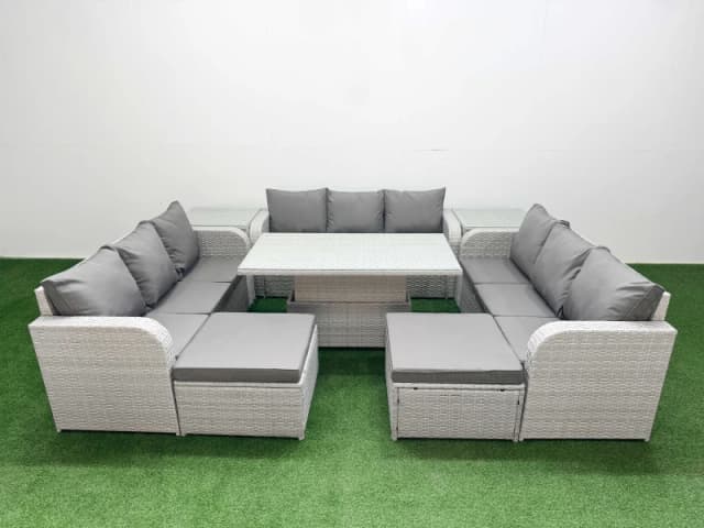 Fimous PE Rattan Lounge Sofa Set 11 Seater Outdoor Garden Furniture Set with 3 Seater Sofa 2 Big Footstools 2 Side Table Light Grey