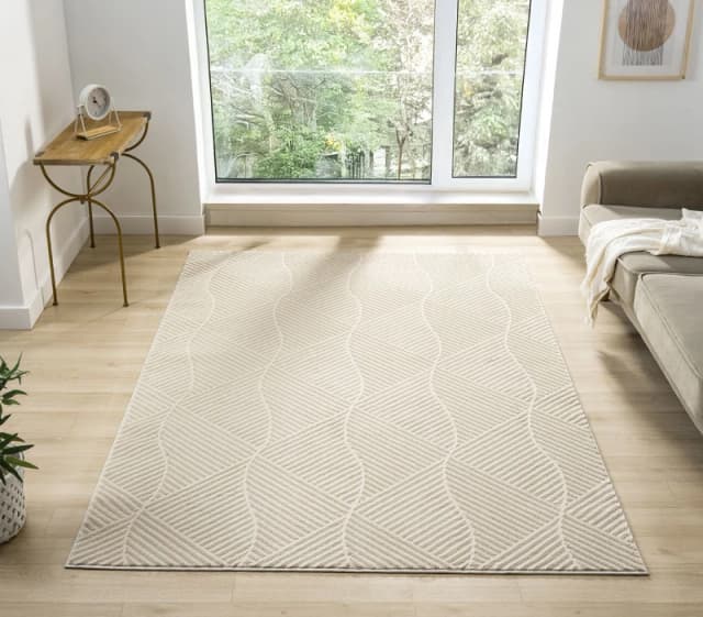 Vellure Modern Indoor Living Room Area Rug Embossed Metallic Sheen Pyramid Design Cream 200X290 Cm