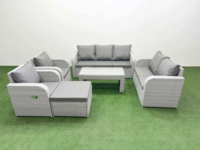 Fimous PE Rattan Garden Furniture Set Adjustable Chair Sofa Double Love Seat 2 Seater Sofa Lounge Set Rectangular Coffee Table Big Footstool Light Gre