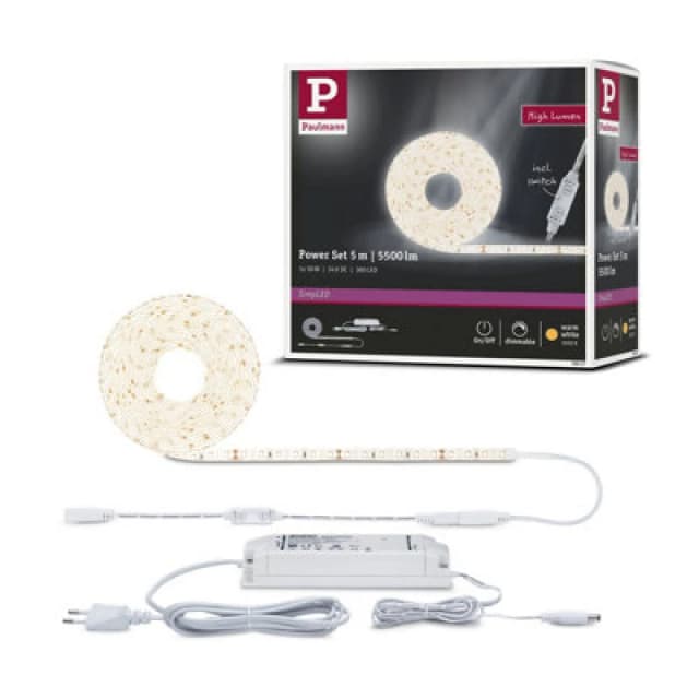 Paulmann Simpled Power LED Strip Warm White Incl. Dimm/switch Complete Set 5M Coated 50W 1100Lm/m 72 Leds/m 3000K 60Va