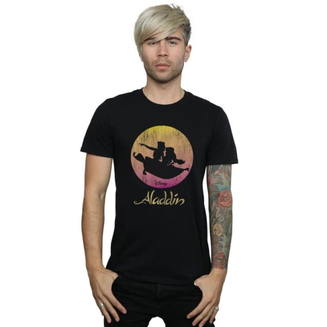 Disney Men Aladdin Flying Sunset T-Shirt in Black Size: Small Black S Male 5059114564736