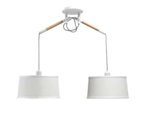 Nordica Ceiling Pendant with White Shade 2 Light E27, Matt White, Beech with Ivory White Shades