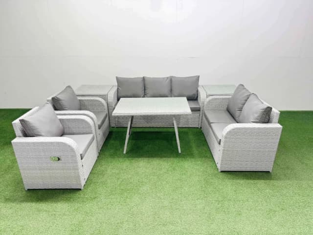 Fimous Outdoor Rectangular Table Sofa Set with Reclining Chair 2 Side Tables in Light Grey Light Grey Unisex