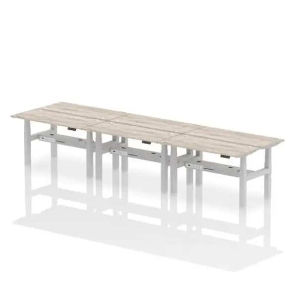 Air Air Back-to-Back 1400 x 600mm Height Adjustable 6 Person Bench Desk Grey Oak Top with Cable Ports Silver Frame HASCP6P14600GRYS