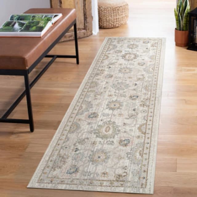 Maia Washable Low Pile Non Slip Lagoon Traditional Area Rug - Beige, 60 X 220 Cm (Runner)