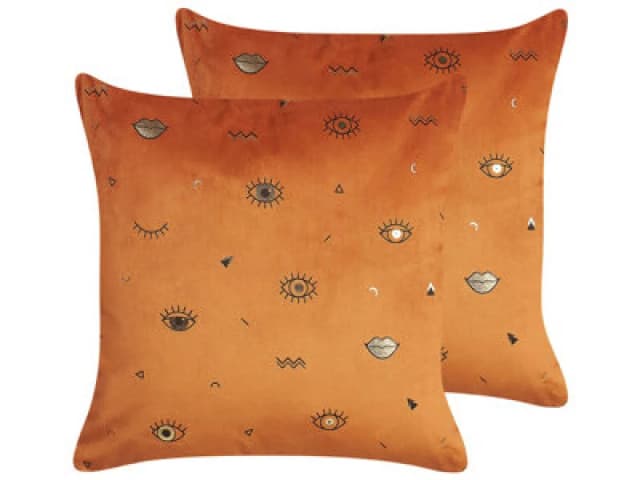 Beliani Set Of 2 Decorative Cushions Aeonium Velvet 45 X 45cm Orange Abstract Pattern