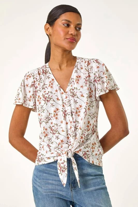 Roman Womens Floral Buttoned Tie Hem Top in Ivory Size: 16 Ivory Female 16