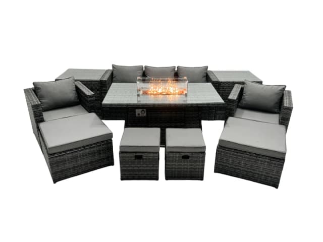 Fimous Rattan Garden Furniture Firepit Dining Set 9 Seater Lounge Sofa Table Set with 2 side table 4 Footstool Dark Grey