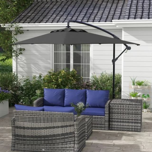 Outsunny 3m Cantilever Parasol with Cross Base, Crank Handle, 6 Ribs, Black 84D-270V00BK
