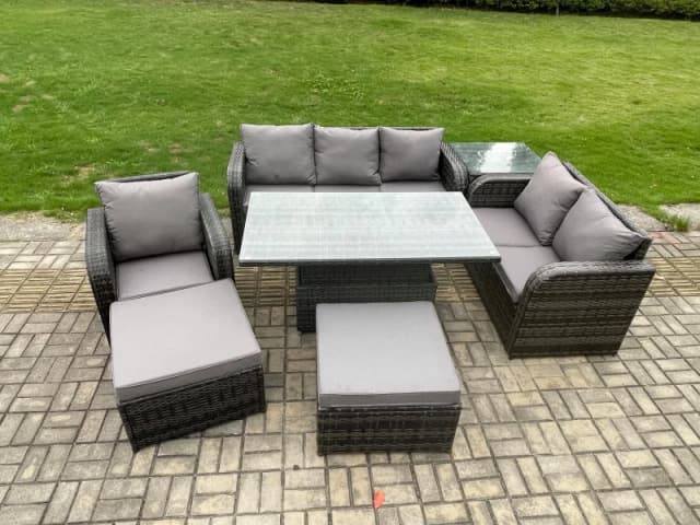 Fimous Rattan Outdoor Furniture Garden Dining Set Patio Height Adjustable Rising lifting Table Reclining Chair Sofa With 2 Big Footstool Dark Grey