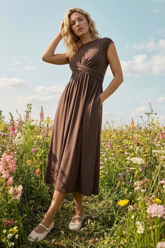 Roman Womens Crossover Front Stretch Midi Dress in Chocolate Size: 20 Chocolate Female 20