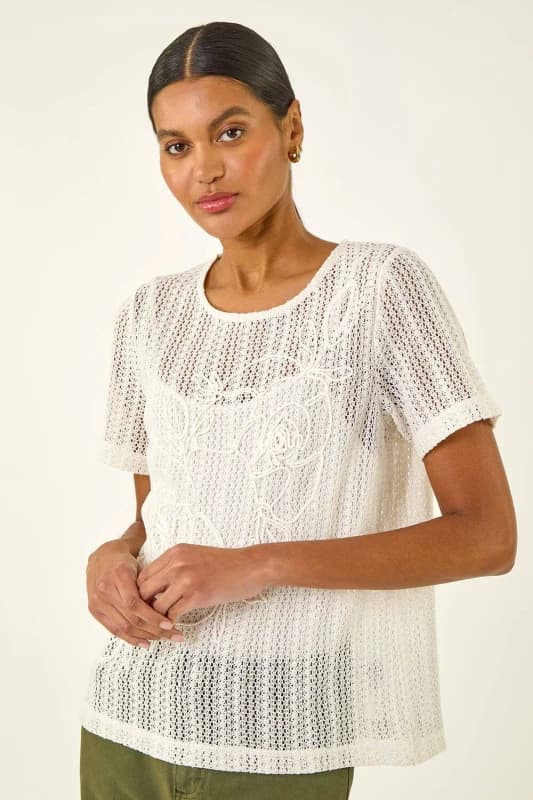 Roman Womens Textured Floral Line Stretch Top in Cream Size: 10 Cream Female 10