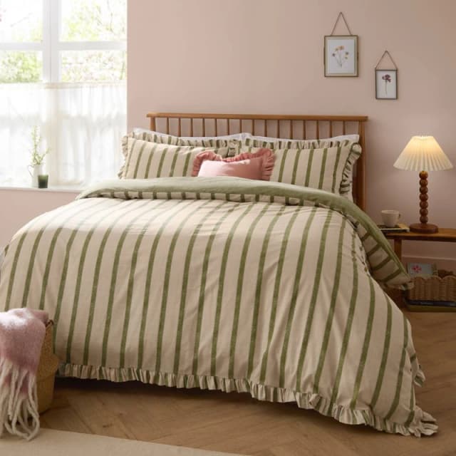 Wylder Connie Striped Ruffle Duvet Cover Set in Olive Size: King Olive Unisex King