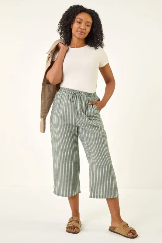Roman Womens Petite Stripe Cropped Wide Leg Trouser in Khaki Size: 16 Khaki Female 16