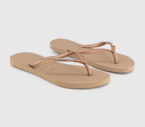 Havaianas Womens Slim Metal Crystal Logo Flip Flops Rose Gold, 3/4
