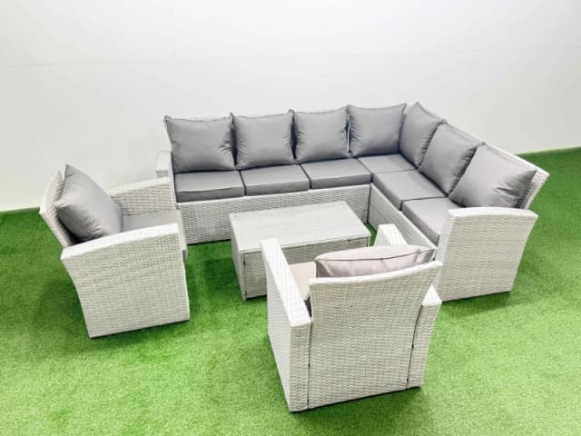 Fimous Garden Outdoor Rattan Furniture Set 8 Seater Rattan Garden Sofas Set in Light Grey Light Grey Unisex