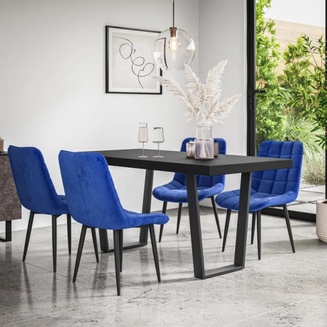 More4Homes Aria Dining Table And Chairs - Black Table Top W Black Legs + Nova Velvet Dining Chair Set Of 6 (Blue)