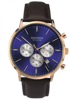 Sekonda Mens Rose Gold Plated Dual-Time Blue Sunray Dial Dark...