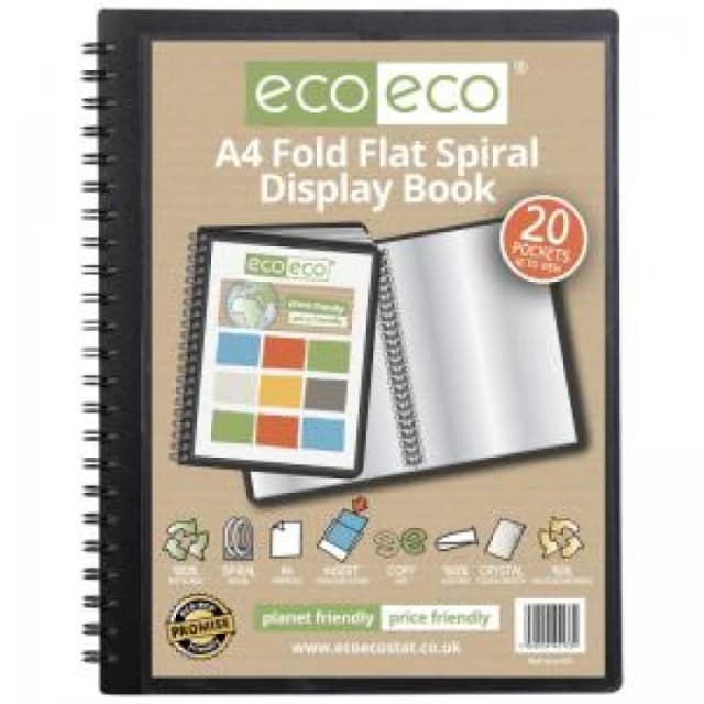 Eco Eco 50% Recycled Fold Flat Spiral Display Book 20 Pockets A4 Black eco133-S