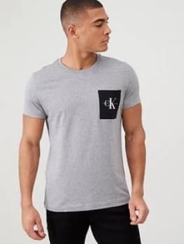 Calvin Klein Jeans Monogram Pocket Slim T-Shirt - Mid Grey Heather, Mid Grey Heather, Size 2XL, Men