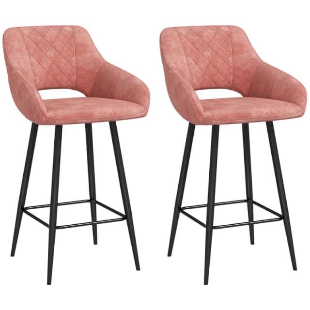 HOMCOM Stools Set of 2, Velvet-Touch Fabric Counter Height Bar Chairs Pink