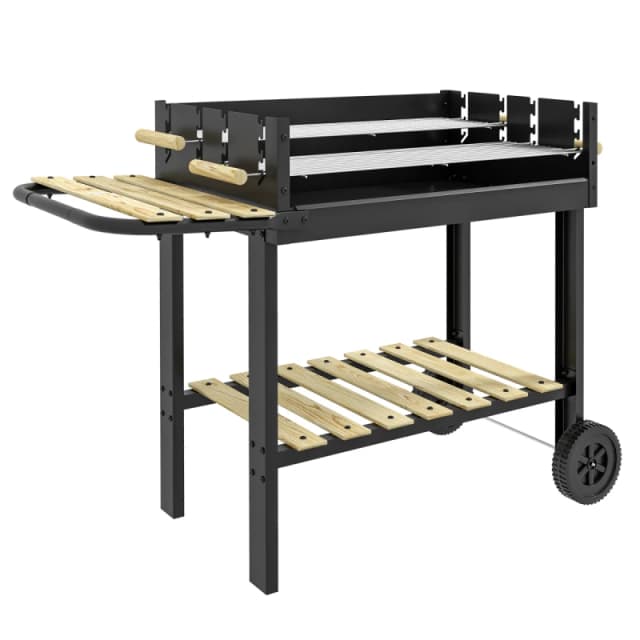 Outsunny Charcoal?BBQ?Grill with Side Table, Storage Shelf and Wheels, Black 846-144V00BK