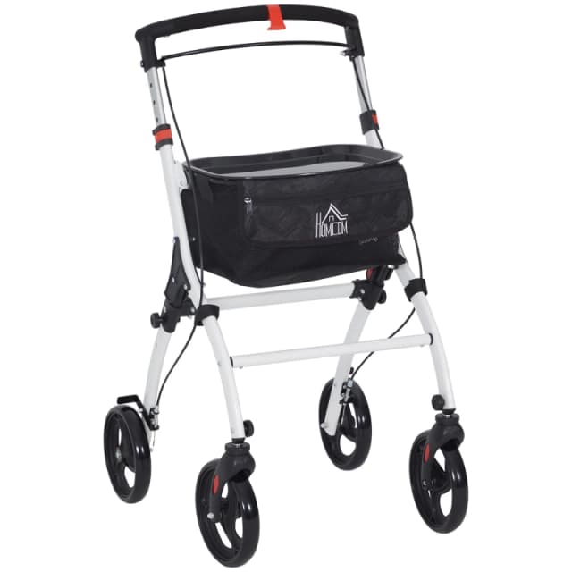 HOMCOM Folding Upright Rollator Walker with Storage Bag, Tray, White White
