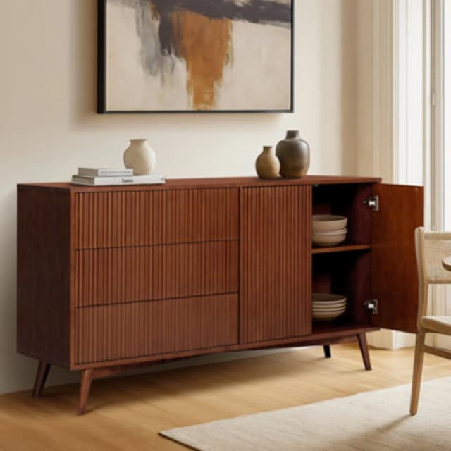 Teamson Home Tremolo Wooden Sideboard 3 Fluted Push-Open Drawers 2 Doors, Walnut