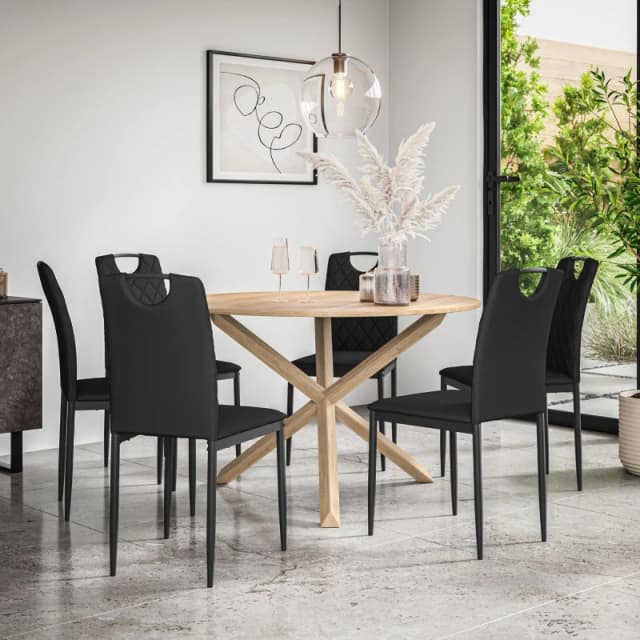 More4Homes Malvern Round Dining Table And Chairs - Oak Table Top W Solid Oak Legs + Monza Faux Leather Dining Chair Set Of 6 (Black)